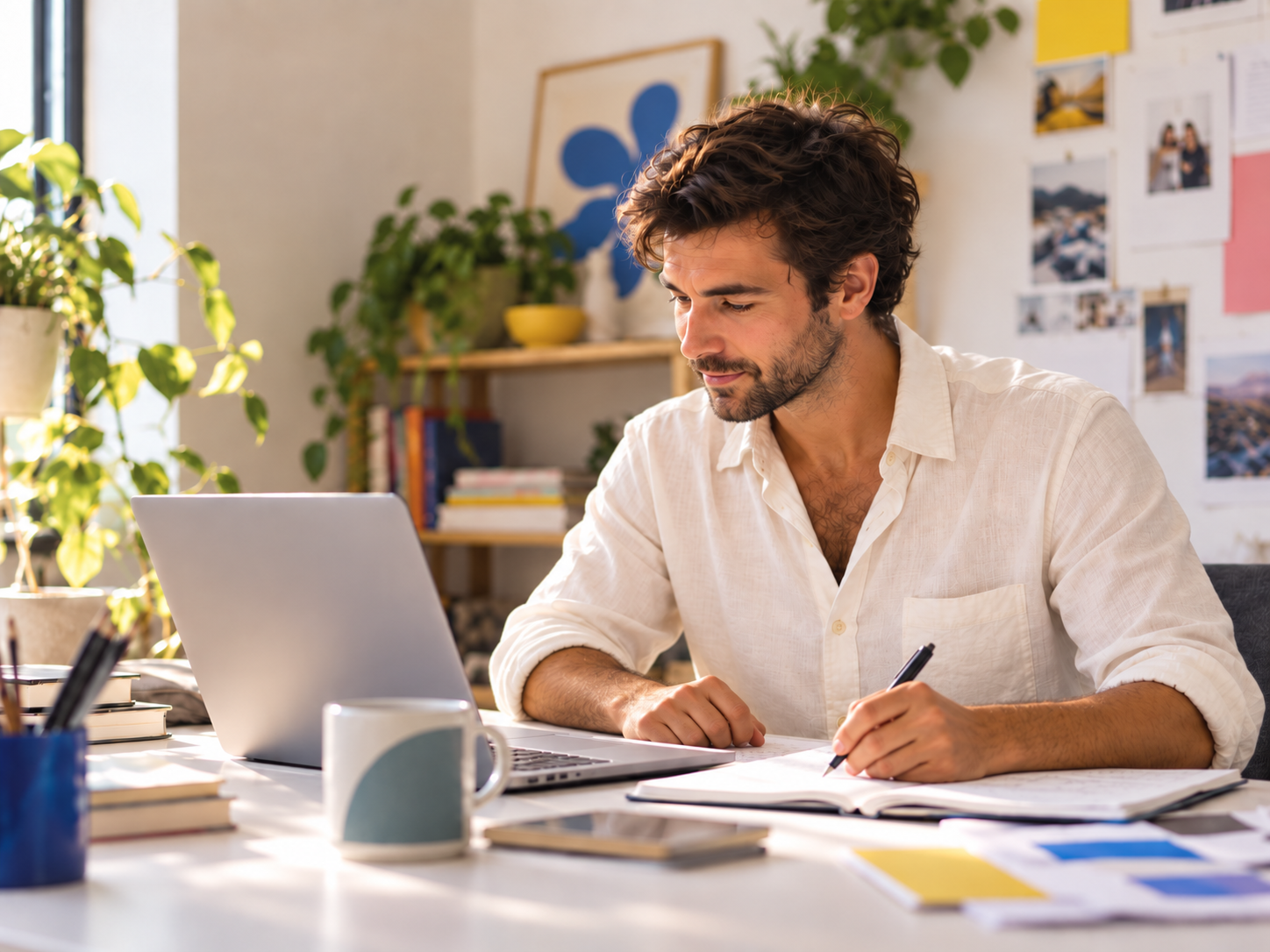 Agency strategist writing at a bright sunlit home office desk